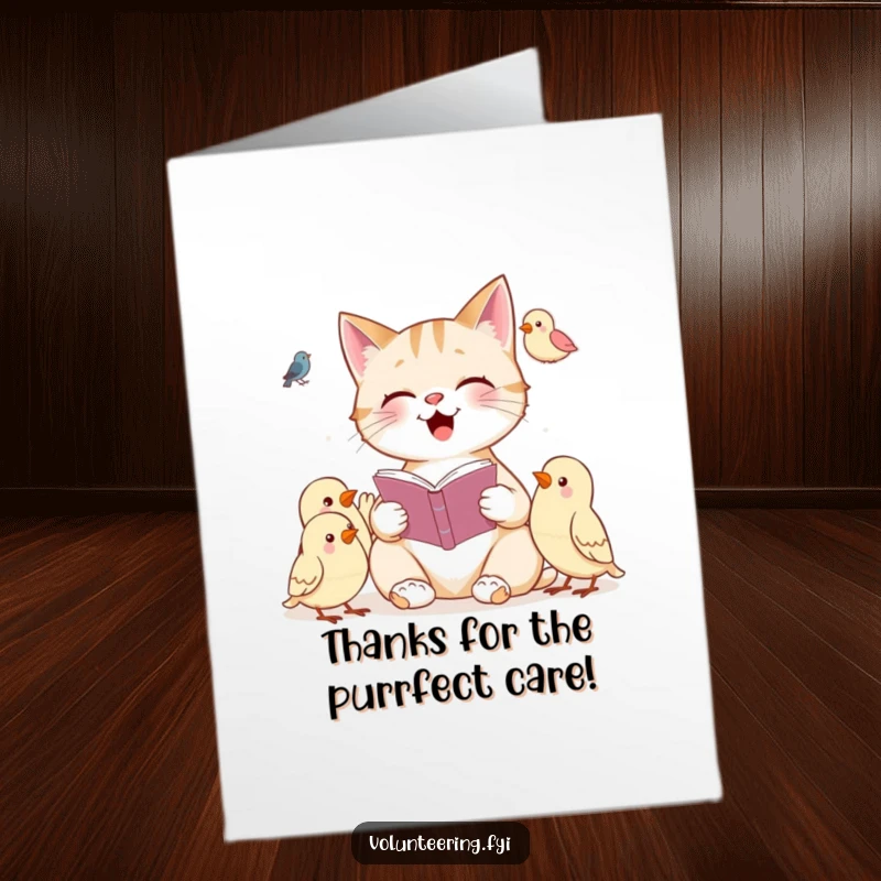 Funny free printable thank you card featuring a cheerful cat reading to attentive birds, a gentle illustration of sharing and appreciation.