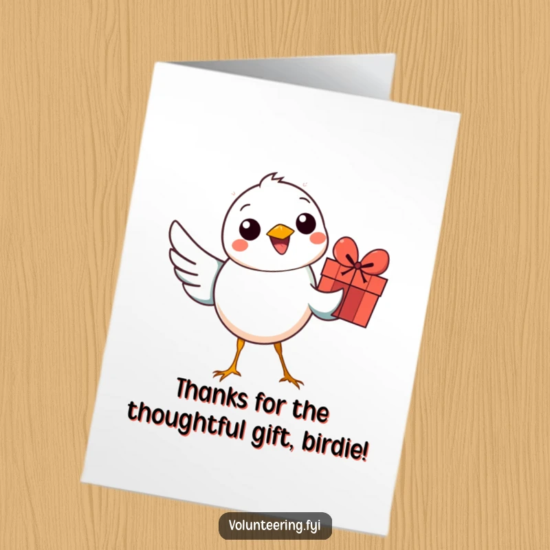 Funny Free Printable Thank You Card: A smiling cartoon bird delivering a small, colorful gift, conveying heartfelt thanks.