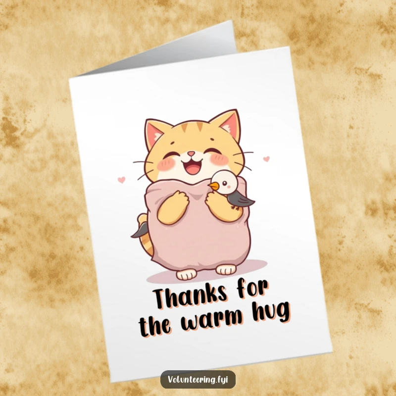 Funny Free Printable Thank You Card: A joyful cat generously offers a warm blanket to a shivering bird, showing comfort.