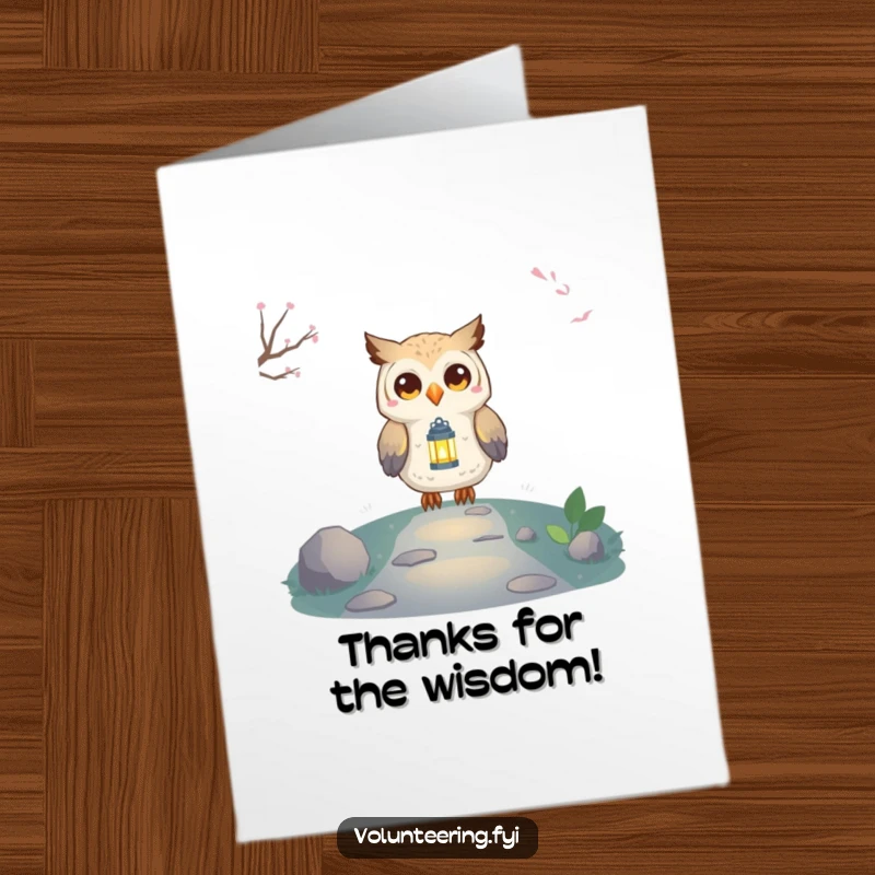 Funny Free Printable Thank You Card: Owl Lights Path with Lantern, Grateful and Wise, Warm Illumination.
