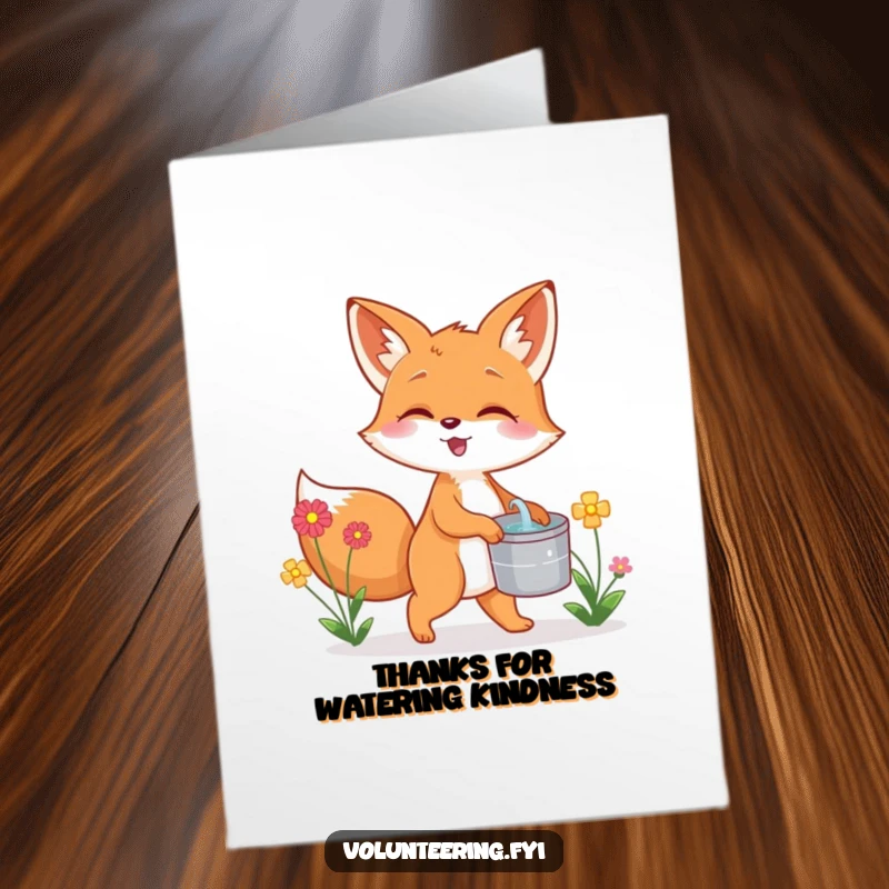Funny Free Printable Thank You Card: A giggling fox carefully carries water for flowers, a sweet thank you downloadable gift.
