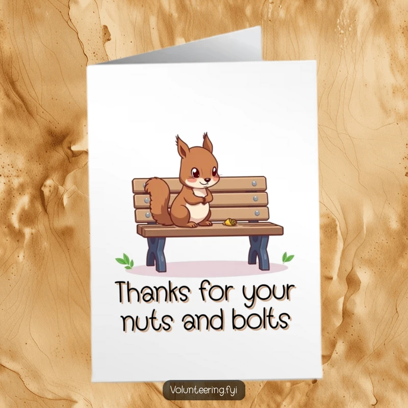 Funny Free Printable Thank You Card showing a diligent squirrel tidying a park bench, offering thanks.