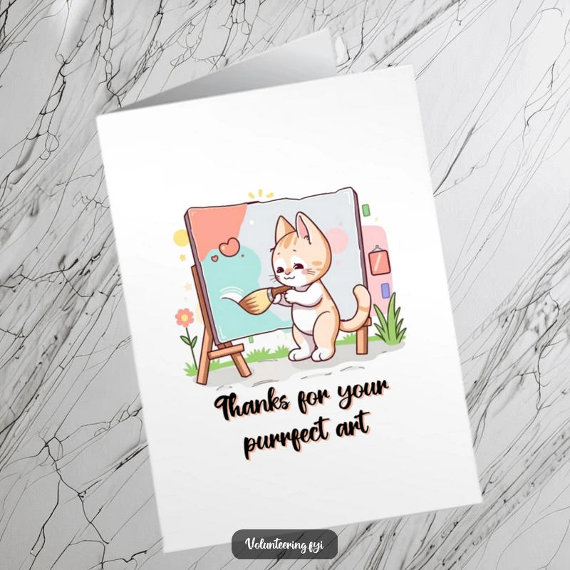 Funny Free Printable Thank You Card: Diligent kitten paints a community mural with a giant brush, showing thanks.