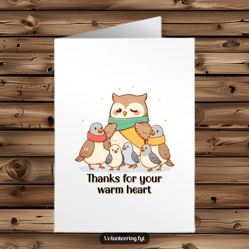Cute Free Printable Thank You Card: Compassionate owl distributing warm blankets to cold pigeons, showing heartfelt thanks.