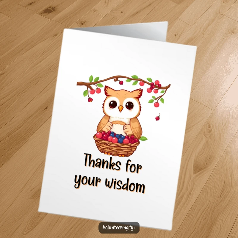Funny Free Printable Thank You Card: A proud owl offers a basket of ripe berries as a generous donation.