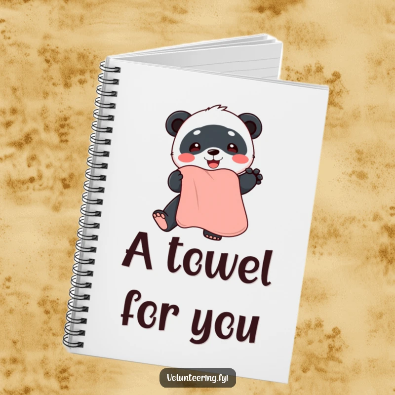 Funny panda notebook, featuring a friendly cartoon panda offering a soft, clean towel, perfect for writing and planning.