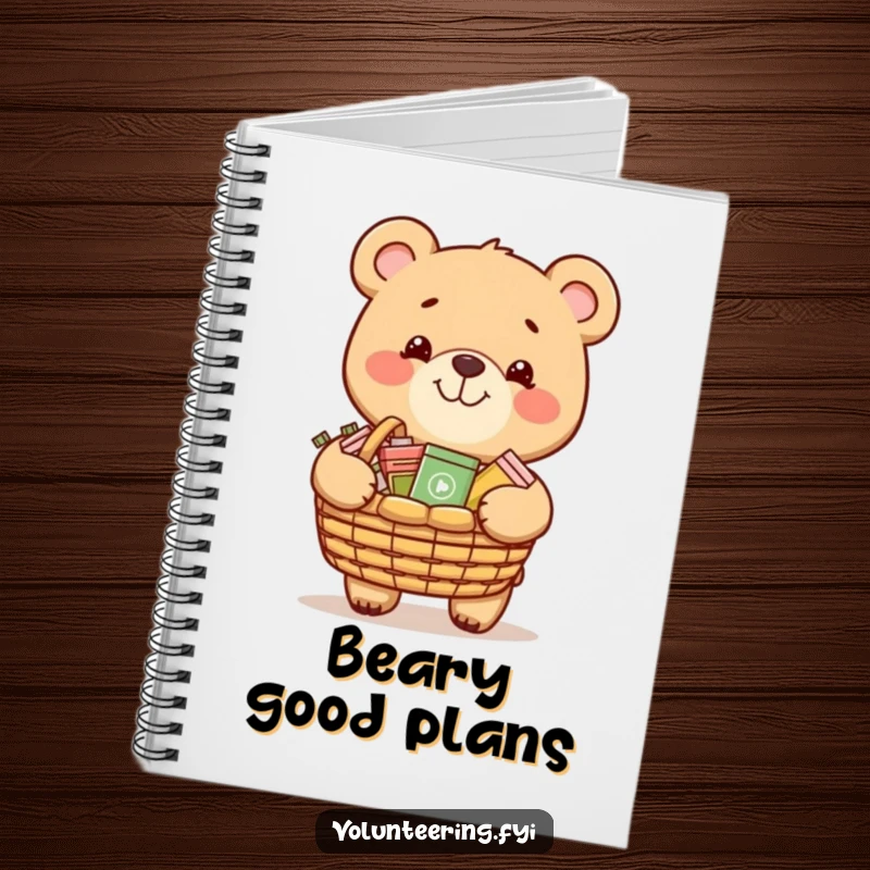 Funny notebook with a grinning bear carrying a basket of donated items, perfect for planning charitable acts.