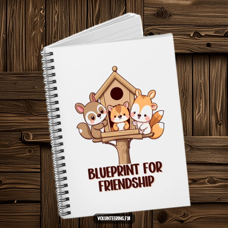 Funny notebook cover with diverse animal friends building a birdhouse, inspiring creativity and lightheartedness.