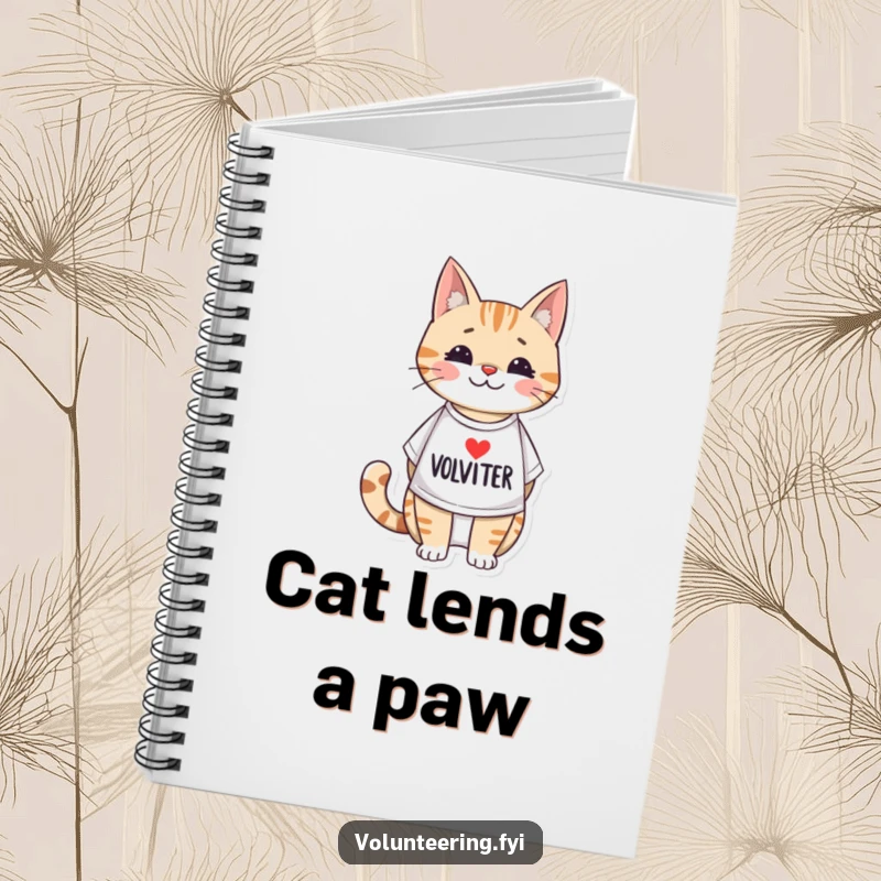 Funny notebook adorned with an adorable illustrated cat wearing a volunteer t-shirt, perfect for journaling, planning, and jotting helpful ideas.