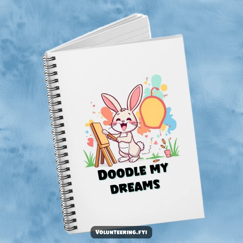 Funny notebook with an excited rabbit painting a mural on a community wall, perfect for sketching art ideas.