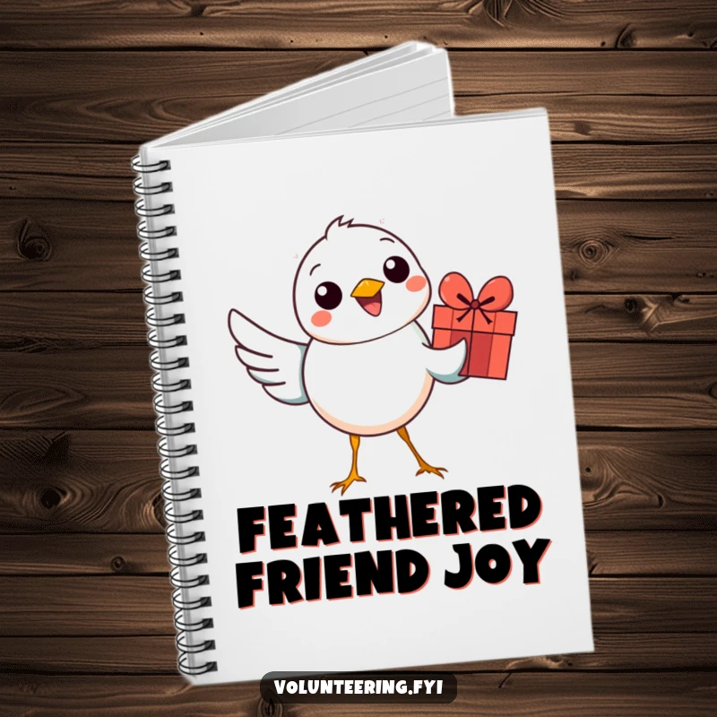 Funny bird notebook with a smiling bird offering a colorful gift, ideal for jotting down notes and ideas.