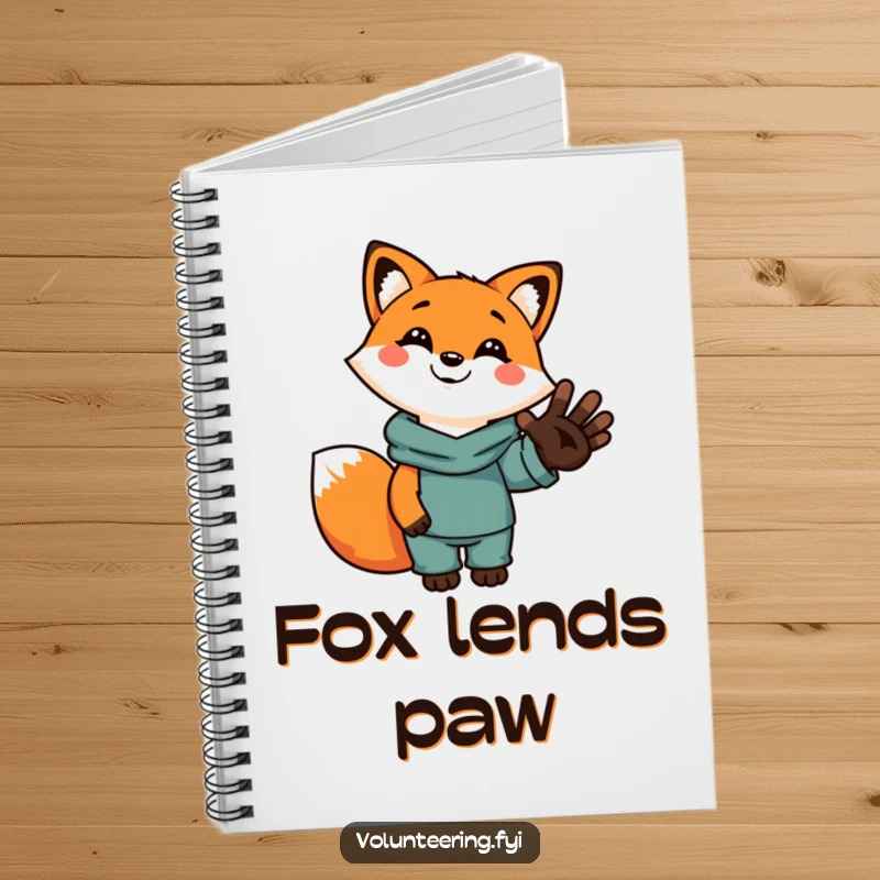 Funny notebook adorned with a smiling cartoon fox holding a human hand, perfect for journaling, planning, and creative writing.