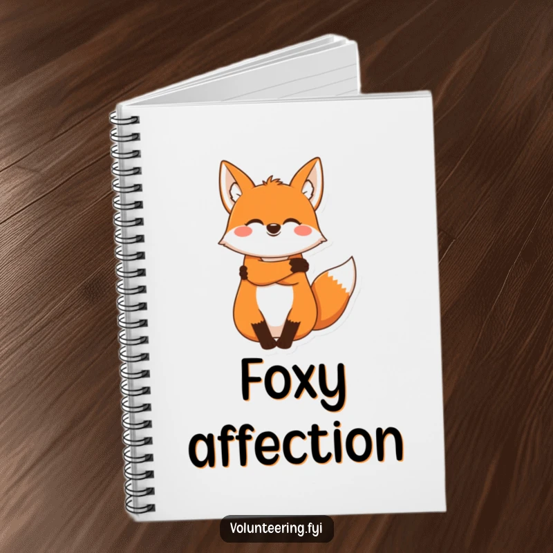 Funny fox notebook, a joyous cartoon fox offering a warm, comforting hug, ideal for journaling thoughts.
