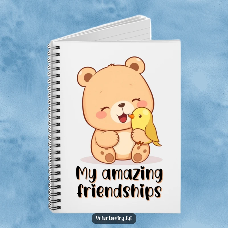 Funny notebook with a giggling bear petting a small bird on its nose, perfect for journaling with humorous wildlife charm. Perfect funny gift.