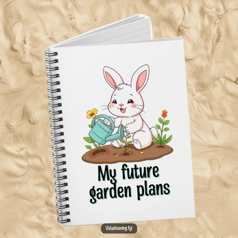 Funny notebook with a smiling bunny planting a seedling, ideal for jotting down notes with gardening humor and cute charm. Perfect funny gift.
