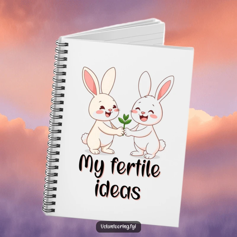 Funny notebook with a cheerful bunny handing a seedling, ideal for jotting down garden plans or notes.