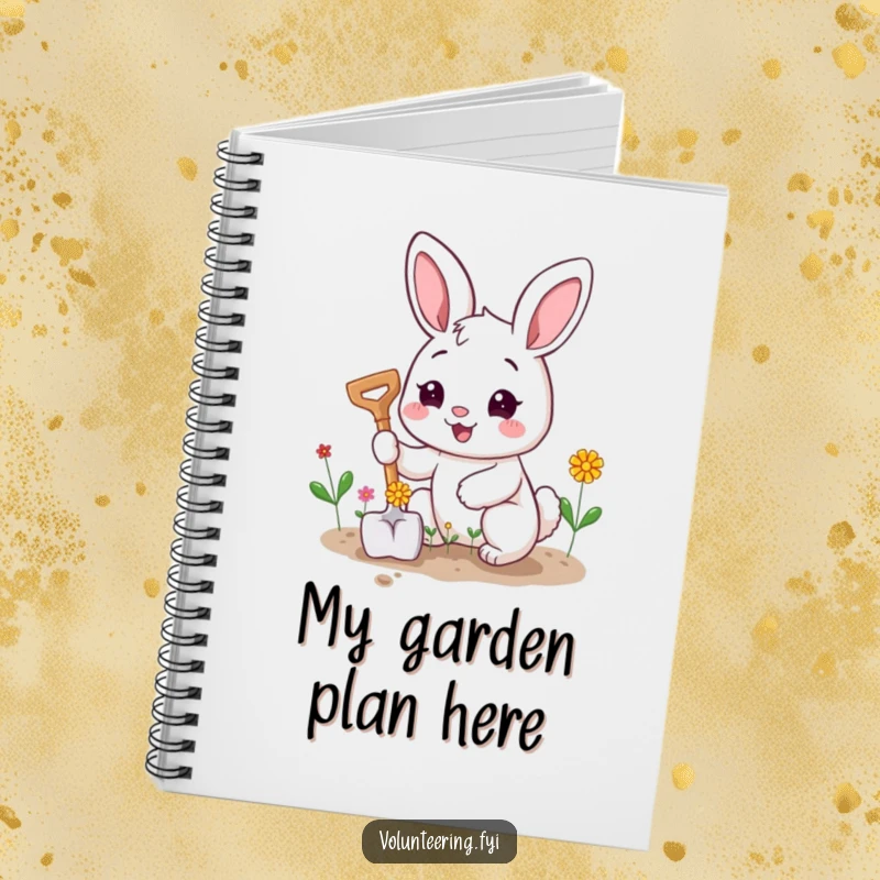 Funny notebook cover featuring a happy bunny character planting tiny flowers with a smiling shovel, inspiring growth.
