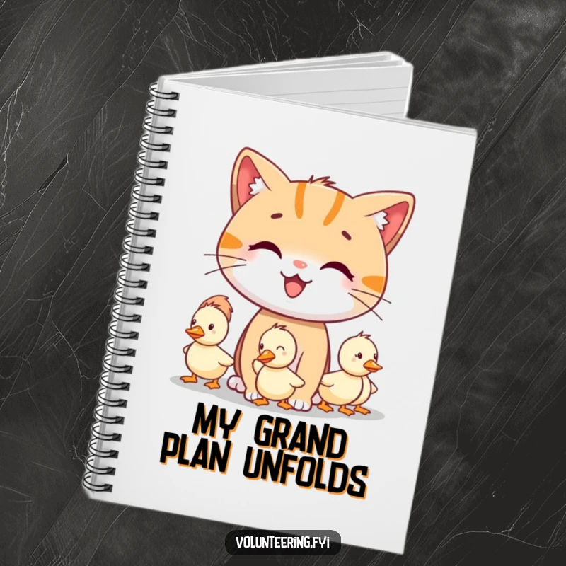 Funny smiling cat character guiding lost little ducklings on a lined notebook, perfect funny gift.