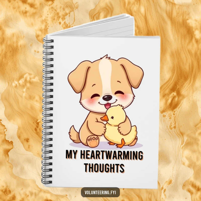 Funny notebook cover with a happy dog gently petting a small, fluffy duckling, ideal for journaling pet adventures.