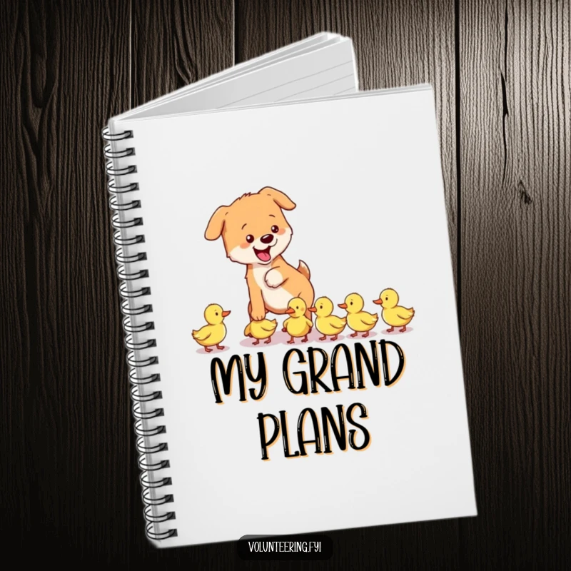 Funny dog notebook featuring a playful dog gently guiding a group of lost ducklings, perfect for jotting down happy thoughts.