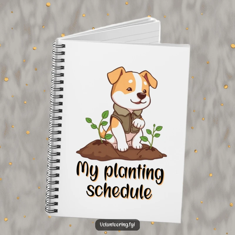 Funny notebook with a determined dog planting a tree, ideal for garden plans or notes.