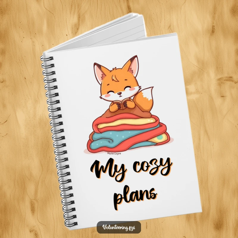Funny Notebook with a playful fox character organizing colorful blankets, offering space for notes and inspiration with a cozy theme.