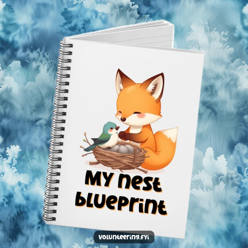 Funny fox notebook, a playful fox helping a tiny bird build a nest with delicate twigs, ideal for journaling and creative planning.