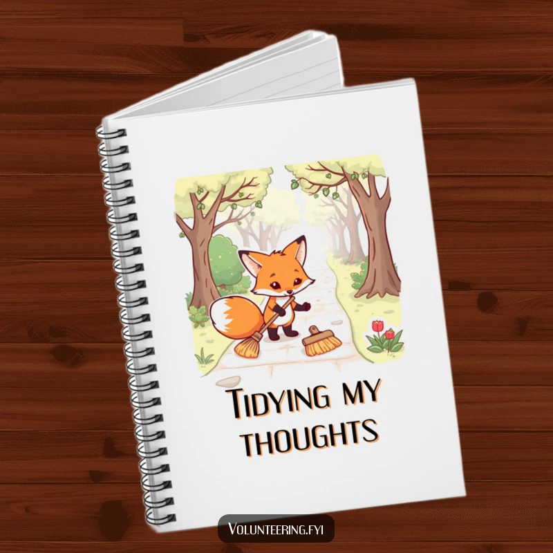 Funny fox notebook featuring a determined animal cleaning a park path, perfect for journaling and note-taking as a humorous funny gift.