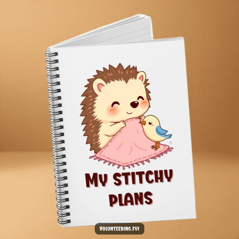 Funny notebook showcasing a happy hedgehog stitching a small blanket for a bird, perfect for notes and journaling.