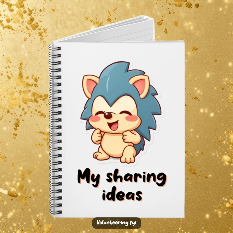 Funny enthusiastic hedgehog character sharing a toy on a lined notebook, perfect funny gift.