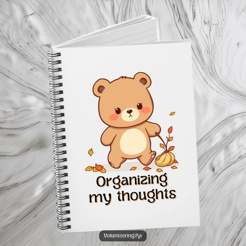 Funny Kawaii bear tidying up fallen leaves, cute notebook for cleaners, journal.