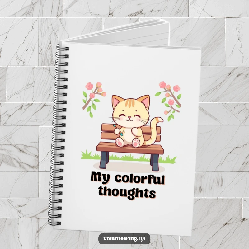 Funny notebook featuring a Kawaii cat character painting colorful stripes on a park bench, perfect for sketching and notes, ideal for artists.