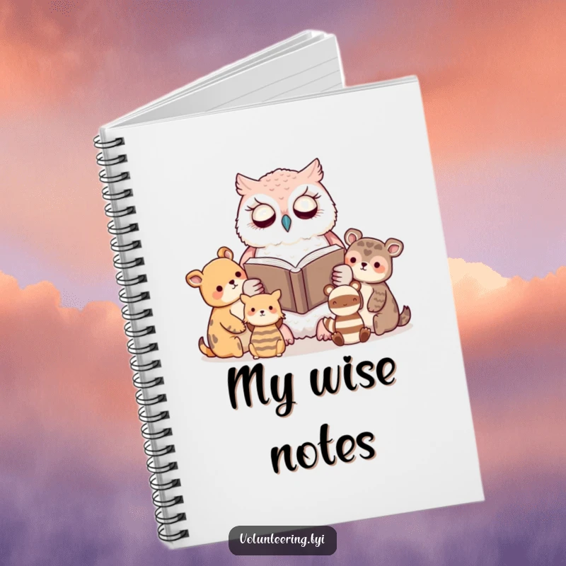 Funny notebook with a kawaii owl reading a book to attentive animal friends, perfect for jotting down wise ideas.