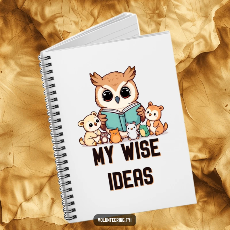 Funny notebook featuring a Kawaii owl character reading a book to young animals, perfect for notes and studies, ideal for bookworms.