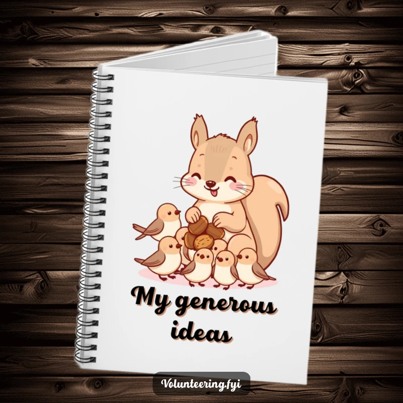 Funny kawaii squirrel notebook, showing a cute squirrel sharing nuts with smaller birds, ideal for journaling and capturing generous thoughts.