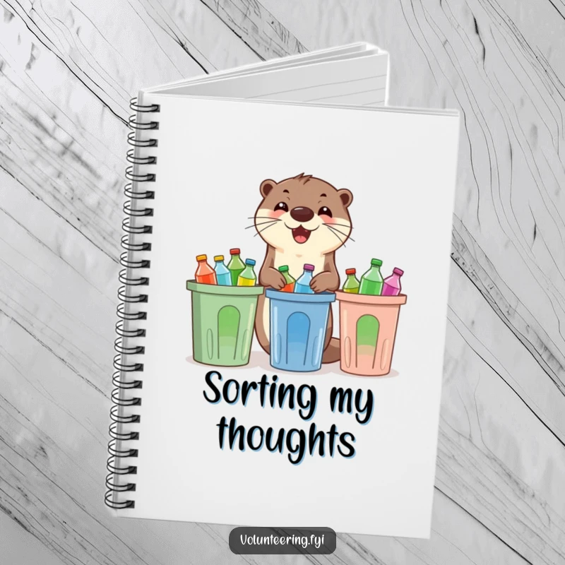 Funny otter notebook, an enthusiastic otter sorting plastic bottles into recycling bins, ideal for jotting down eco-friendly plans and thoughts.
