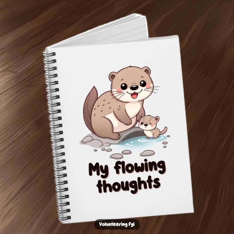 Funny Notebook with a happy otter character assisting another animal across a stream, offering space for notes and inspiration with a kindness theme.