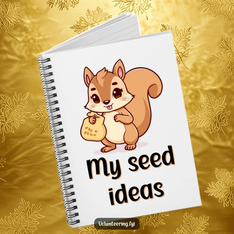 Funny Notebook with a determined squirrel character carrying a bag of seeds, offering space for notes and inspiration with a helpful theme.