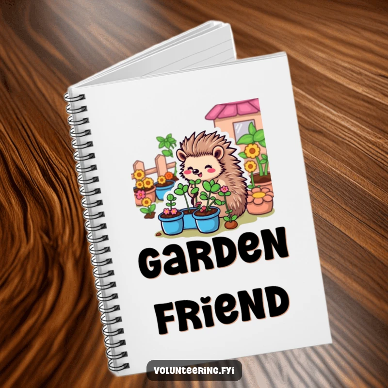 Funny Hedgehog Garden Notebook: A cartoon hedgehog organizing plants in a garden, providing a humorous and inspiring cover for your notes.