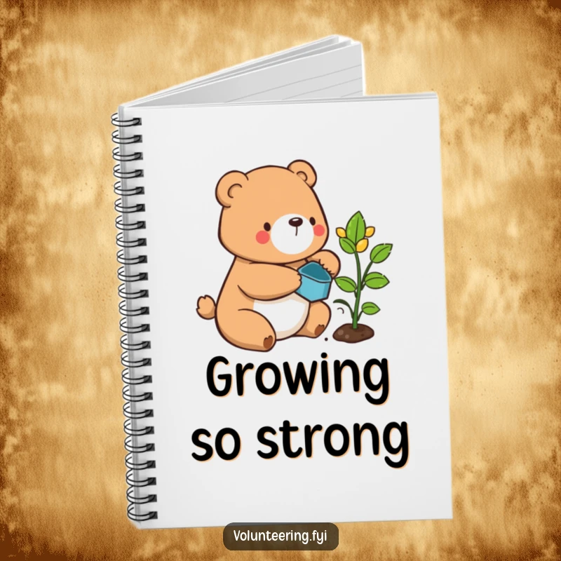 Funny bear notebook, a contented cartoon bear carefully watering a sprouting plant, ideal for gardening notes.