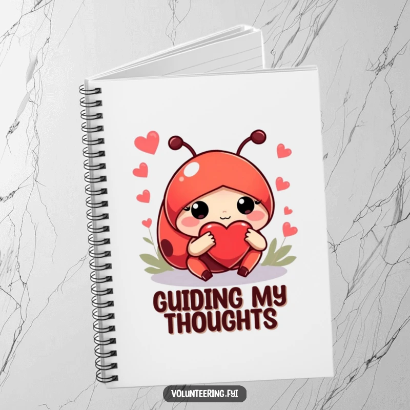Funny notebook cover featuring a helpful red ladybug guiding, inspiring organization and kindness with humor.