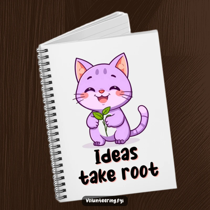 Funny notebook cover featuring a playful purple cat smiling and offering a seedling, inspiring creativity and nature appreciation with humor.