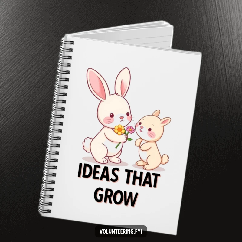 Funny Kawaii bunny rabbit offering a flower to another animal, cute notebook, journal for notes.