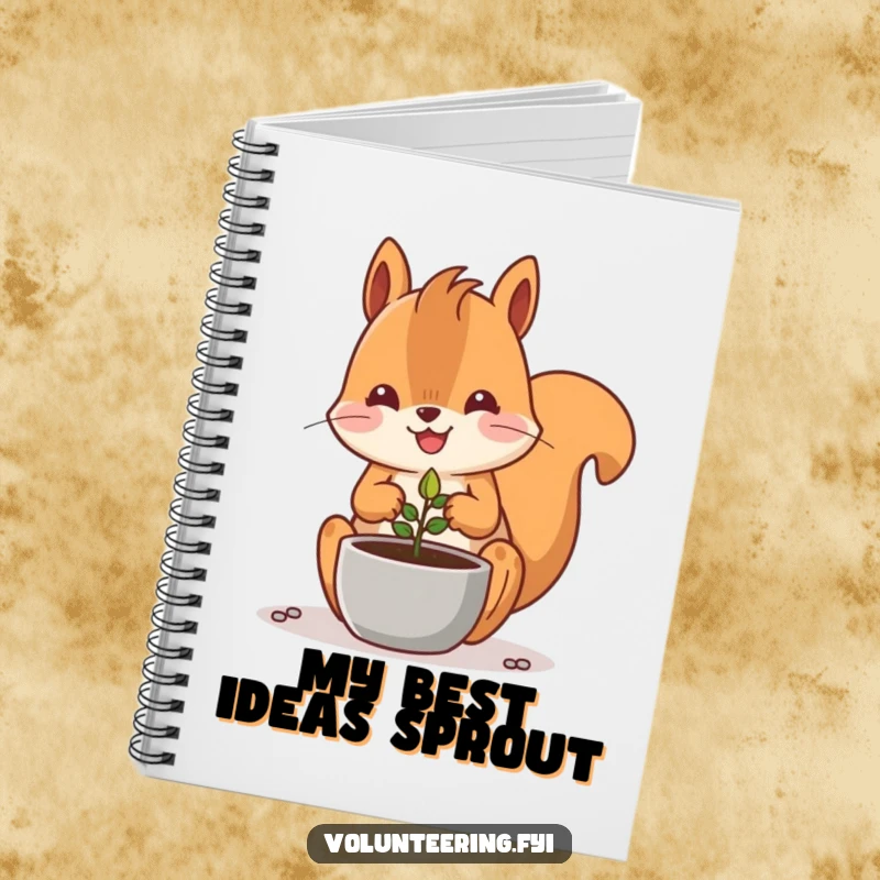 Funny Kawaii squirrel planting a seed in a pot, cute notebook for gardeners, journal.