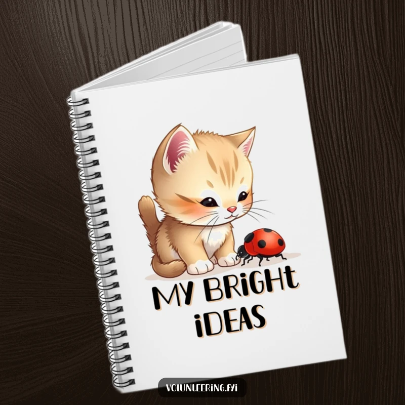 Funny Kitten Ladybug Notebook featuring a curious kitten helping a lost ladybug, ideal for journaling kind thoughts and sweet ideas.