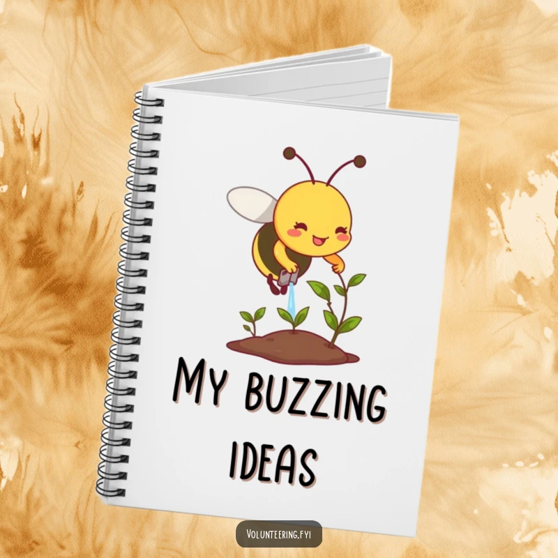 Funny notebook cover with a smiling bee diligently watering a small, wilting plant, ideal for garden journaling.