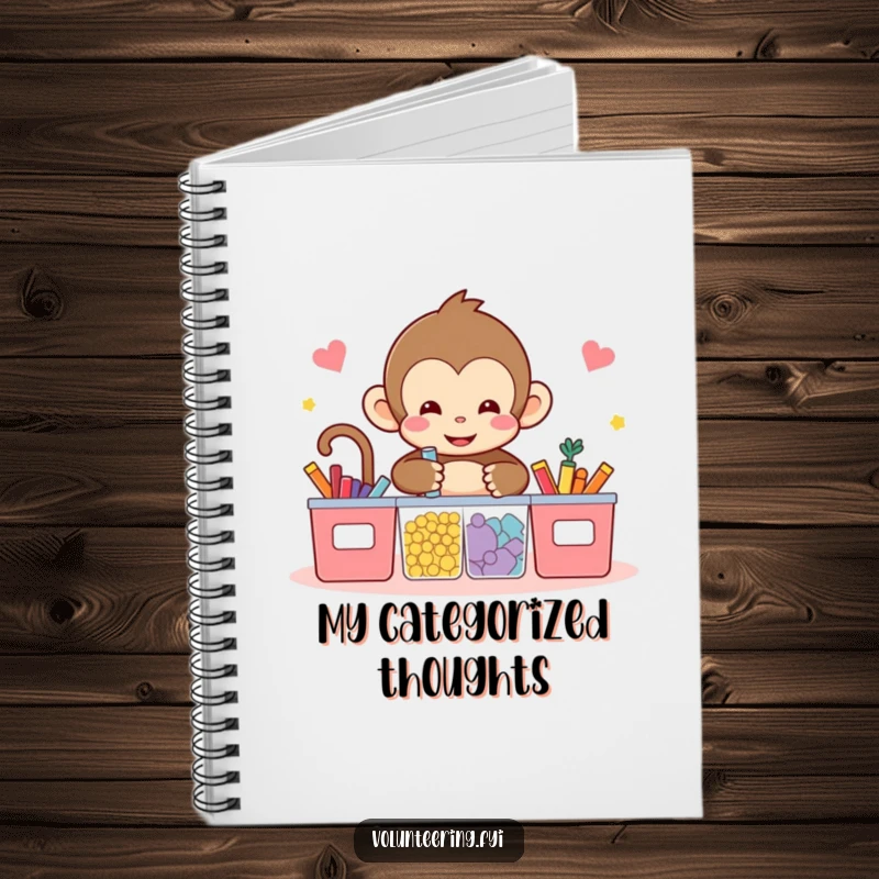 Funny kawaii monkey notebook, showing a cute monkey sorting colorful items into bins, ideal for journaling and planning your organized life.