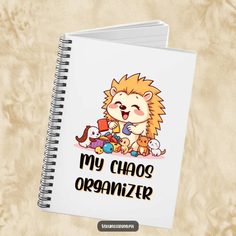 Funny Hedgehog Toy Sorter Notebook featuring a bouncy, happy hedgehog sorting toys for a group of smaller creatures, ideal for note-takers.