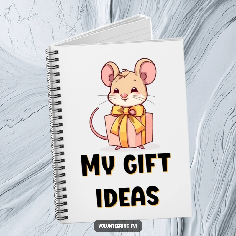 Funny notebook with a determined mouse tying a ribbon around a gift, great for notes and journaling with a detailed theme.