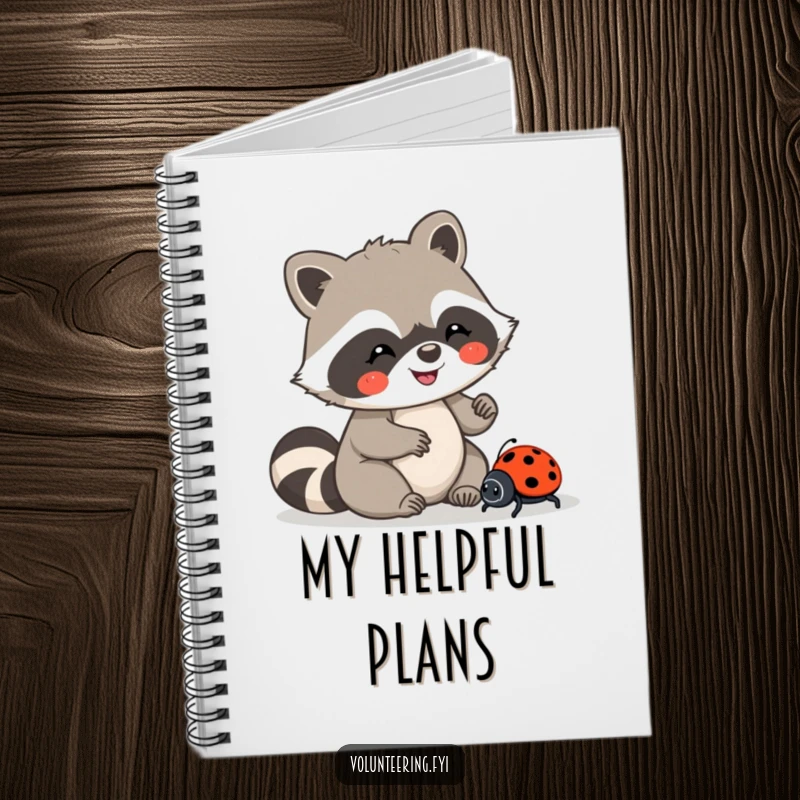Funny notebook featuring a Kawaii raccoon character carefully guiding a lost ladybug, perfect for journaling kindness, ideal for thoughtful people.